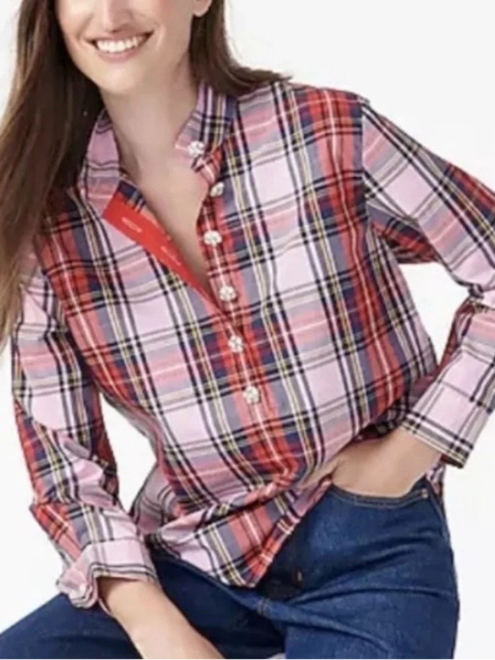 J.Crew Pink Stewart Tartan Band-Collar Popover Blouse NWT Jeweled Buttons 16